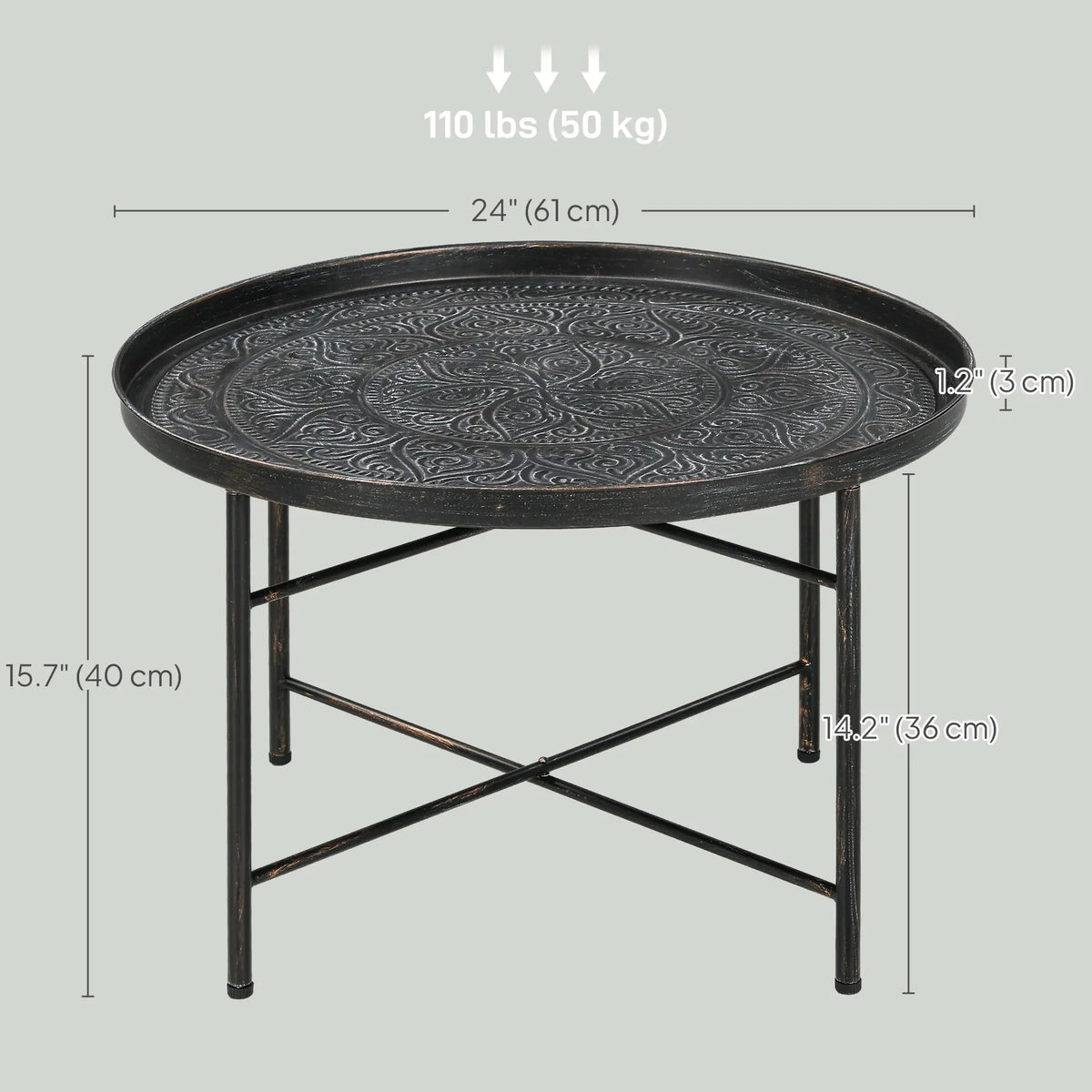 Vintage Coffee Table, 24" Round, Hammered Tray Top, Metal Frame, Pewter Coffee Tables at Gallery Canada