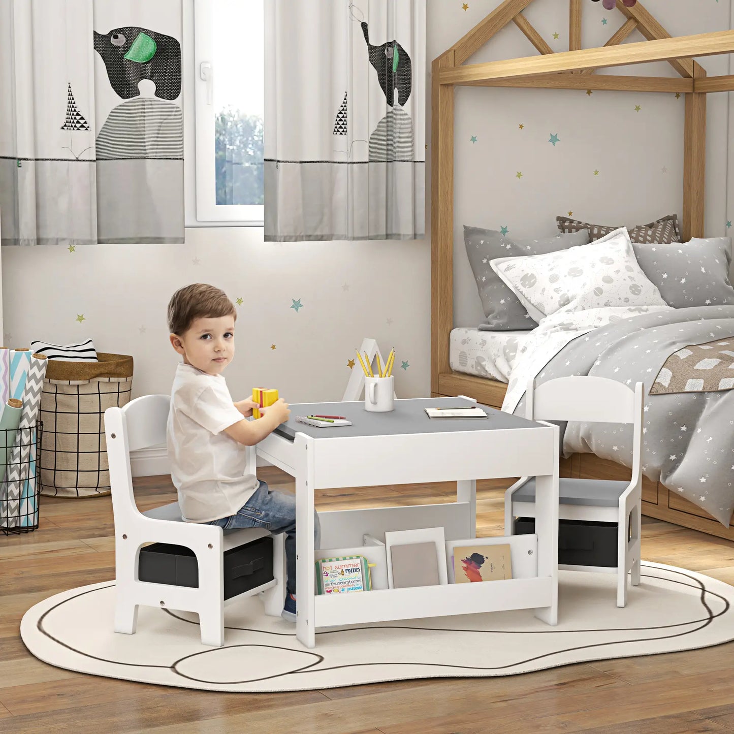 3 Piece Kids Table and Chair Set, Reversible Tabletop, Blackboard, Storage, Grey Kids Table Sets at Gallery Canada