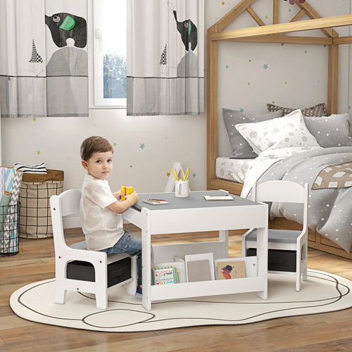 3 Piece Kids Table and Chair Set, Reversible Tabletop, Blackboard, Storage, Grey