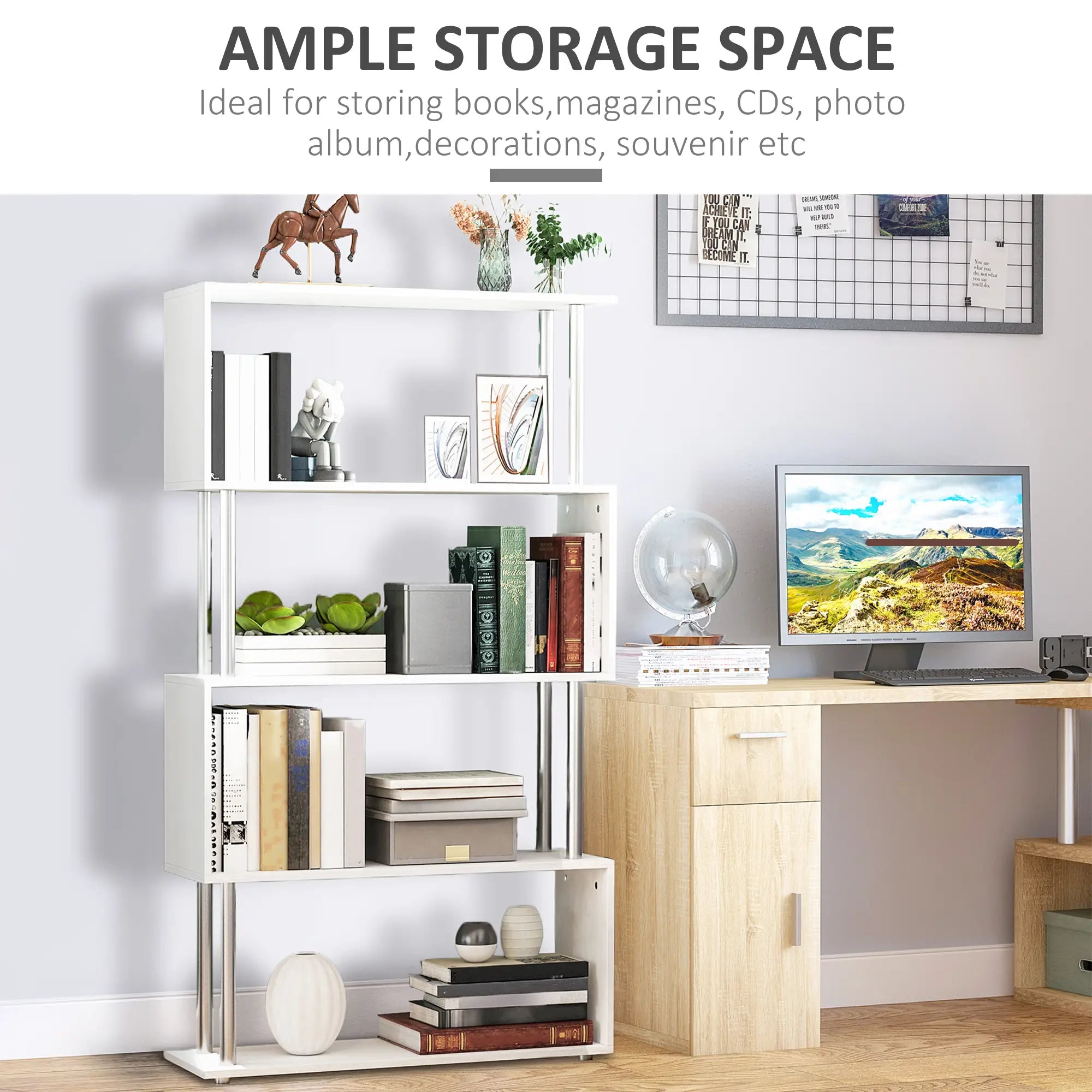 5-Tier Geometric Wooden Bookcase, S-Shaped Storage, White Display Bookshelves at Gallery Canada