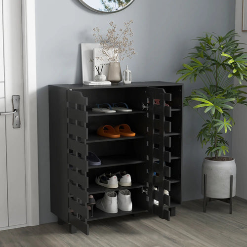 21 Pair Shoe Cabinet, 5-Tier Double Door, 5-Tier Open Shelves, Black