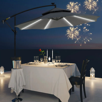 10FT Solar Powered Cantilever Patio Umbrella, Crank, Cross Base, Grey Cantilever Umbrellas at Gallery Canada
