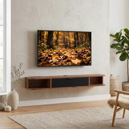 47 Inch Floating TV Stand, Wall Mounted Media Console, Flip Drawer, 2 Open Shelves, Walnut TV Stands at Gallery Canada
