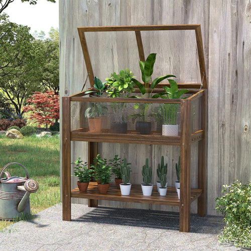 Wooden Cold Frame Greenhouse, Garden Portable Raised Planter with Bottom Shelf for Outdoor Indoor Use, Brown