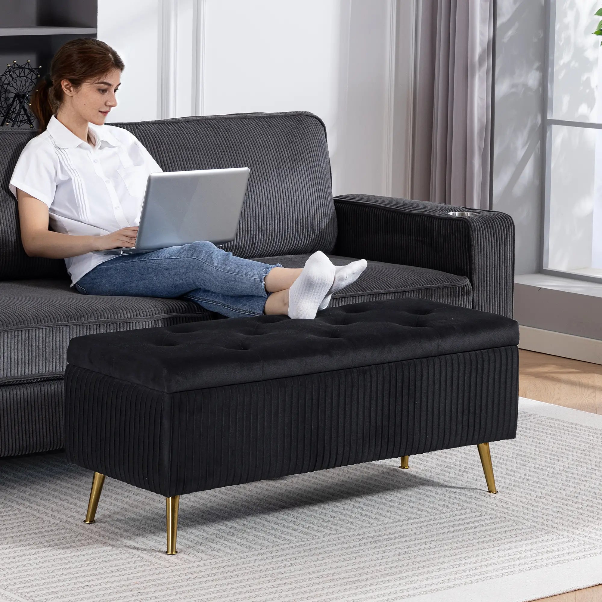 43 Inch Storage Ottoman Bench, Steel Legs, Padded Seat, Black Storage Ottomans & Benches at Gallery Canada