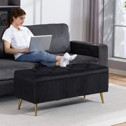 43 Inch Storage Ottoman Bench, Steel Legs, Padded Seat, Black Storage Ottomans & Benches at Gallery Canada