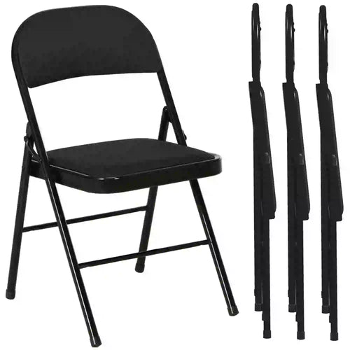 Set of 4 Foldable Metal Chairs, Linen Padded Seat, Open Back, Black