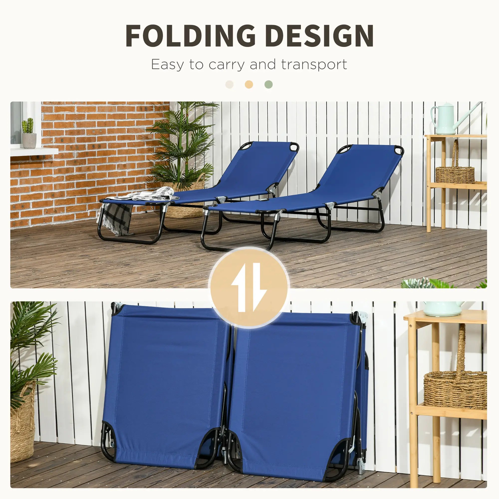 Set of 2 Folding Outdoor Lounge Chairs, Reclining Back, Breathable Mesh, Blue Lounger Chairs at Gallery Canada