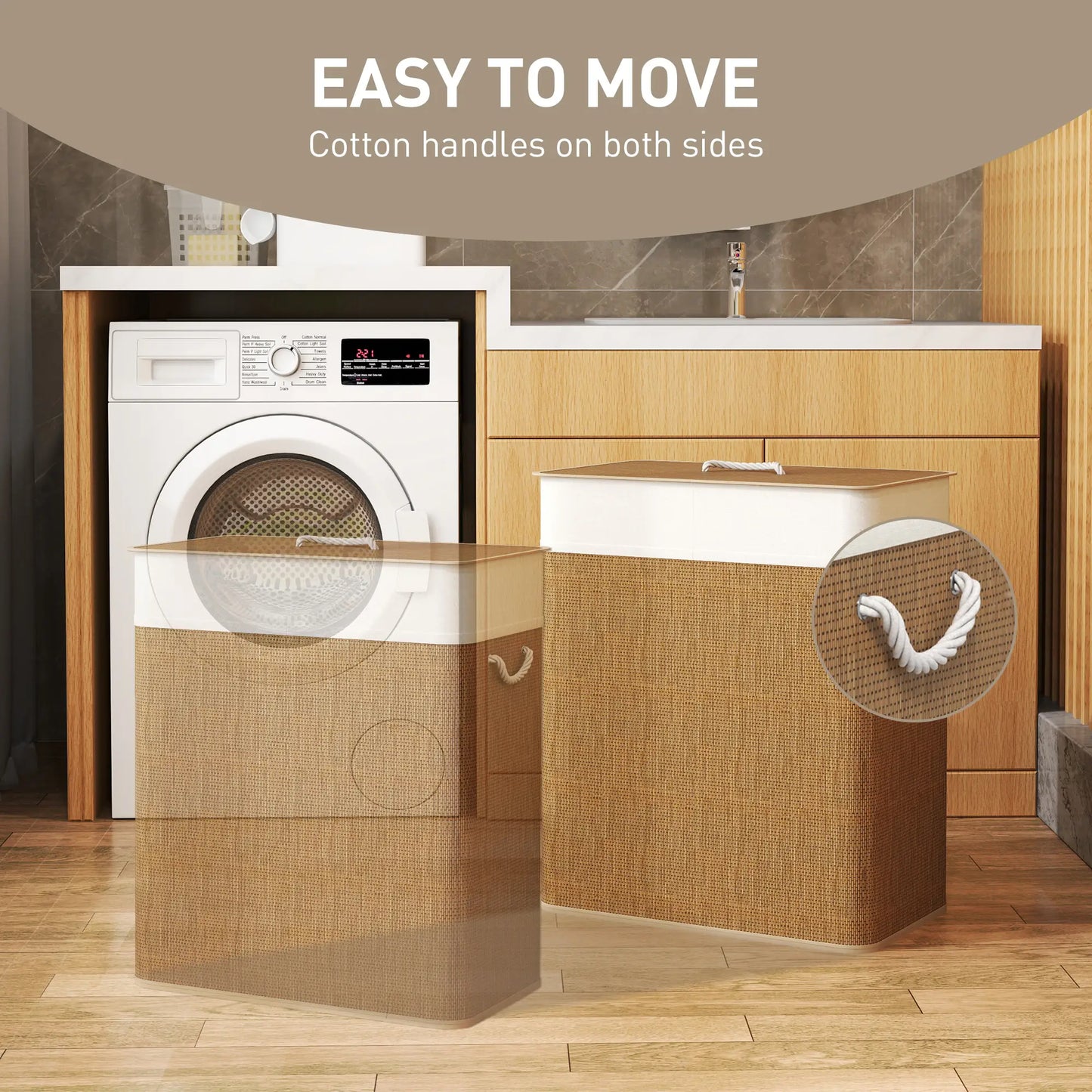 Double Laundry Basket with Lid, 100L Bamboo Hamper, Removable Bags, Brown Clothing Storage at Gallery Canada