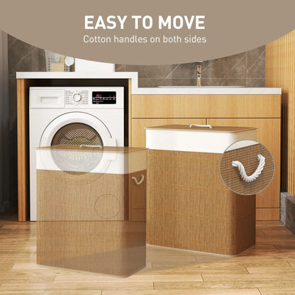 Double Laundry Basket with Lid, 100L Bamboo Hamper, Removable Bags, Brown Clothing Storage at Gallery Canada