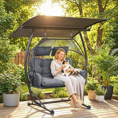 Hanging Double Egg Chair with Canopy, Cushion, Stand, Dark Grey