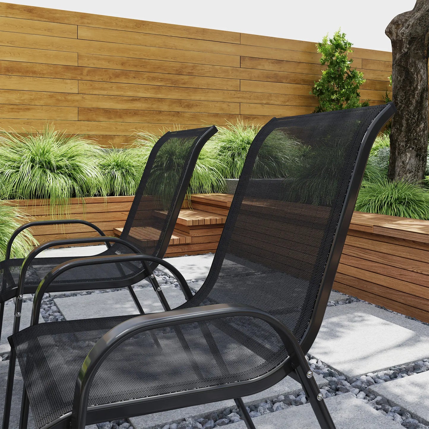 Set of 4 Stackable Outdoor Dining Chairs, High Back, Breathable Mesh Seat, Black Outdoor Dining Sets at Gallery Canada