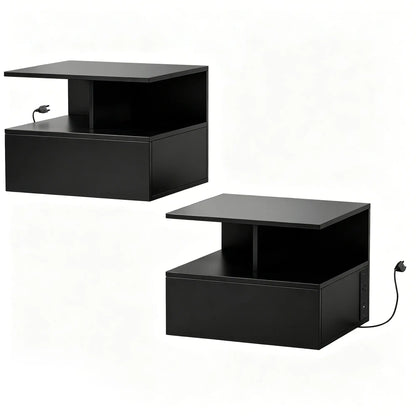Floating Nightstand Set of 2, Wall Mounted Bedside Table with with Power Outlets, Drawer and Shelf, Black