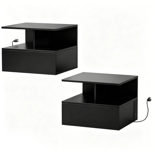 Floating Nightstand Set of 2, Wall Mounted Bedside Table with with Power Outlets, Drawer and Shelf, Black Bedside Tables Black at Gallery Canada