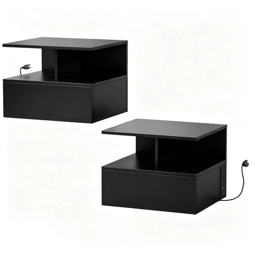 Floating Nightstand Set of 2, Wall Mounted Bedside Table with with Power Outlets, Drawer and Shelf, Black