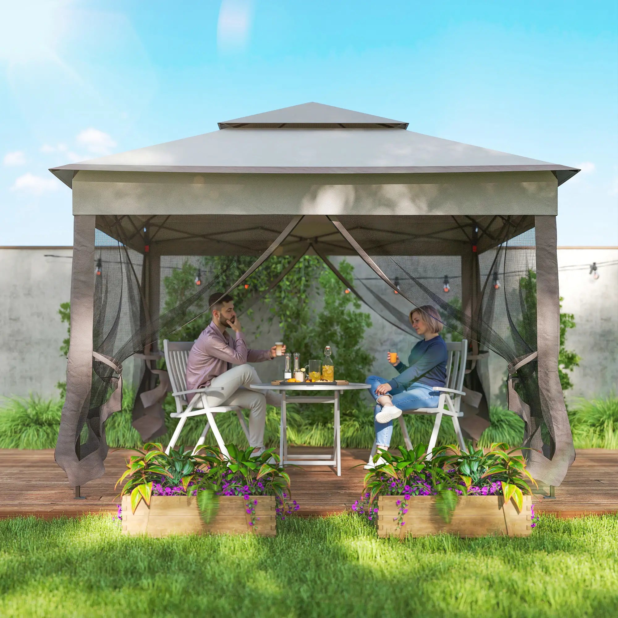11' x 11' Pop Up Canopy, 2-Tier Soft Top Shelter Tent With Netting, Mixed Grey Pop Up Canopies at Gallery Canada