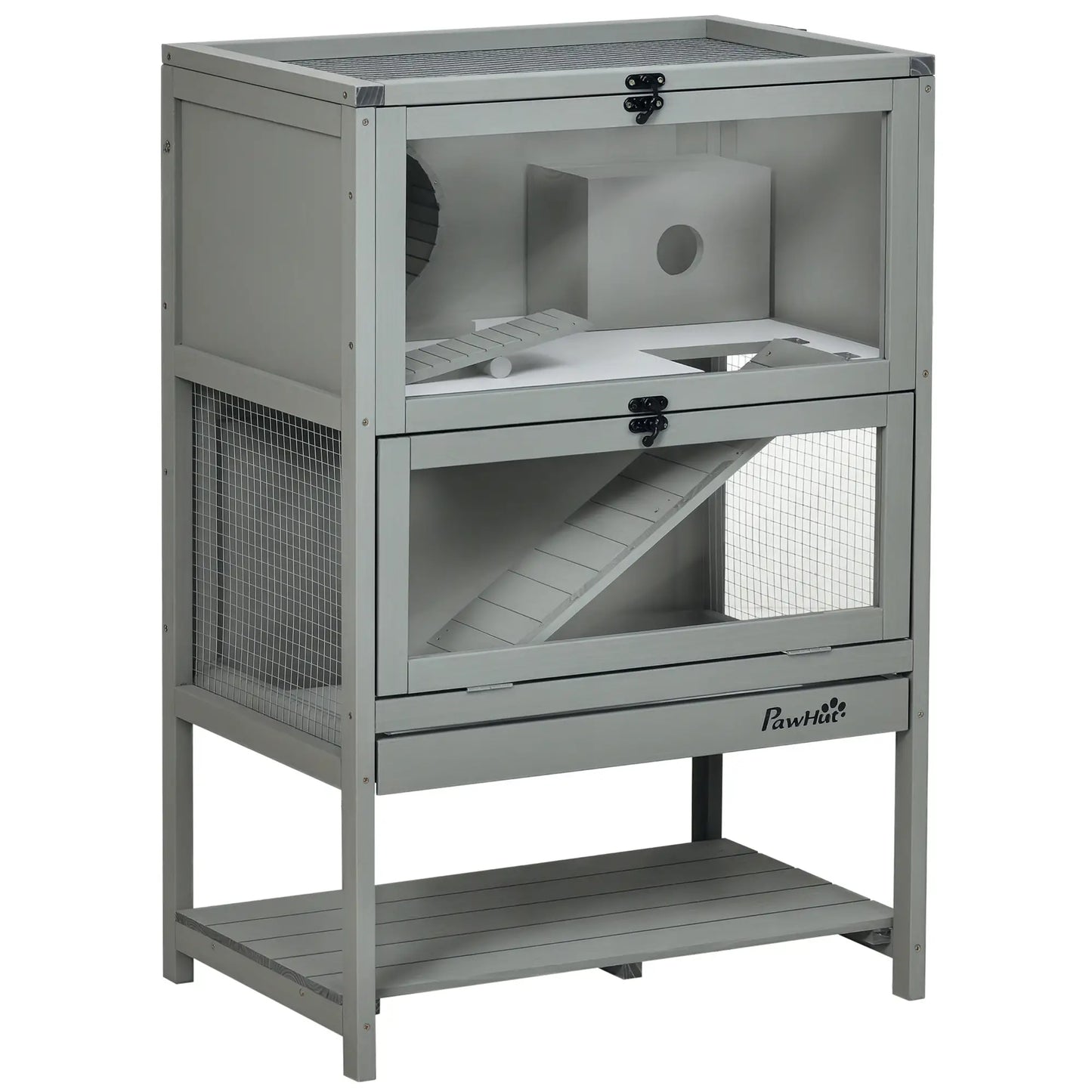 Wooden Hamster Cage, Mice Hutch with Storage, Sliding Tray, Running Wheel Hamster Cages Grey at Gallery Canada