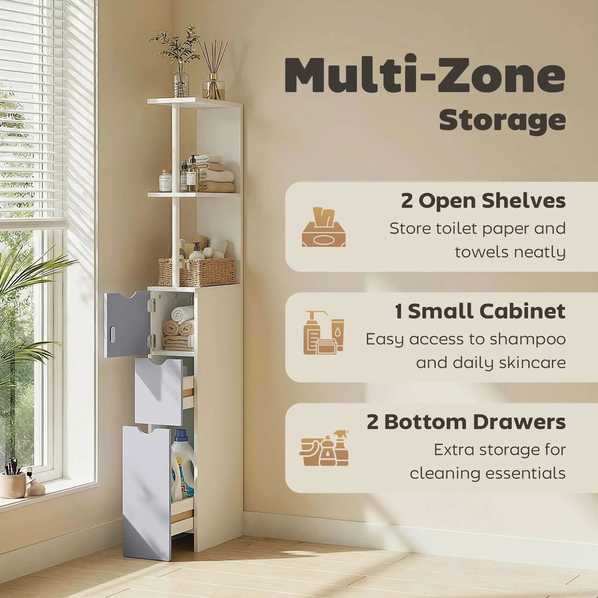 Tall Narrow Bathroom Storage Cabinet with Drawers, Open Shelves, White Grey Bathroom Cabinets at Gallery Canada