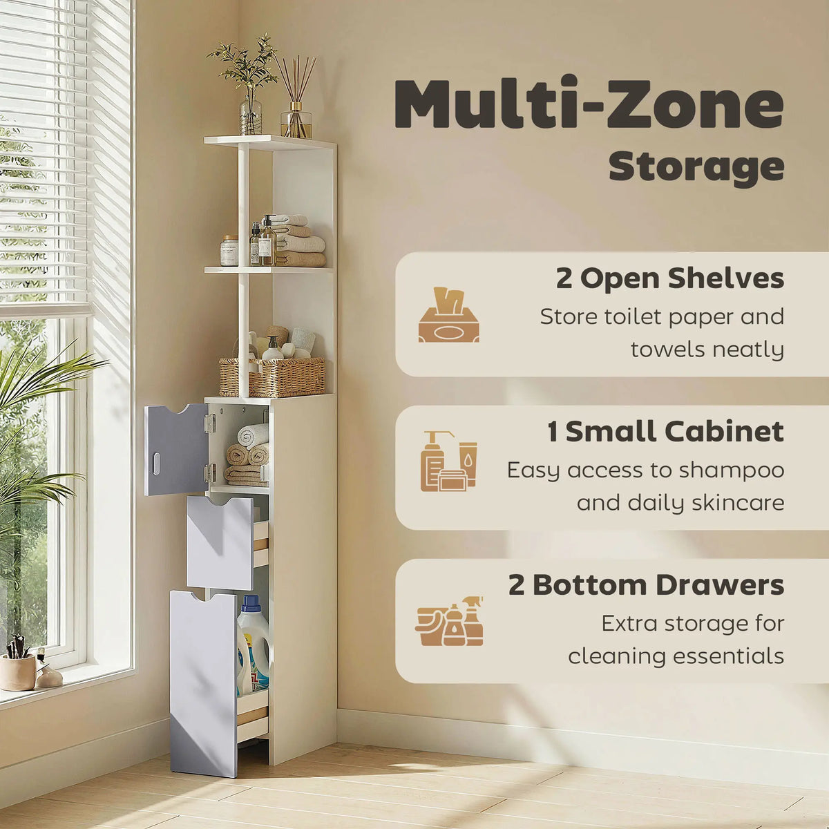 Tall Narrow Bathroom Storage Cabinet with Drawers, Open Shelves, White Grey Bathroom Cabinets at Gallery Canada