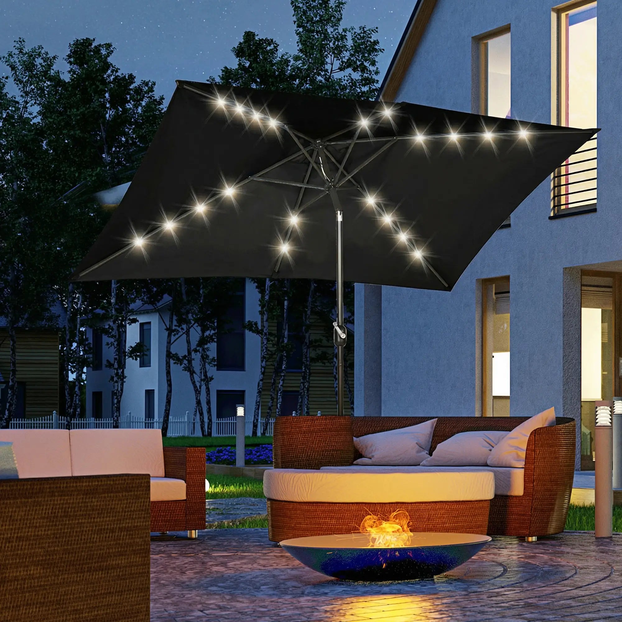 6.5x10ft Rectangle Tilt Patio Umbrella With LEDs, Black Sun Umbrellas at Gallery Canada