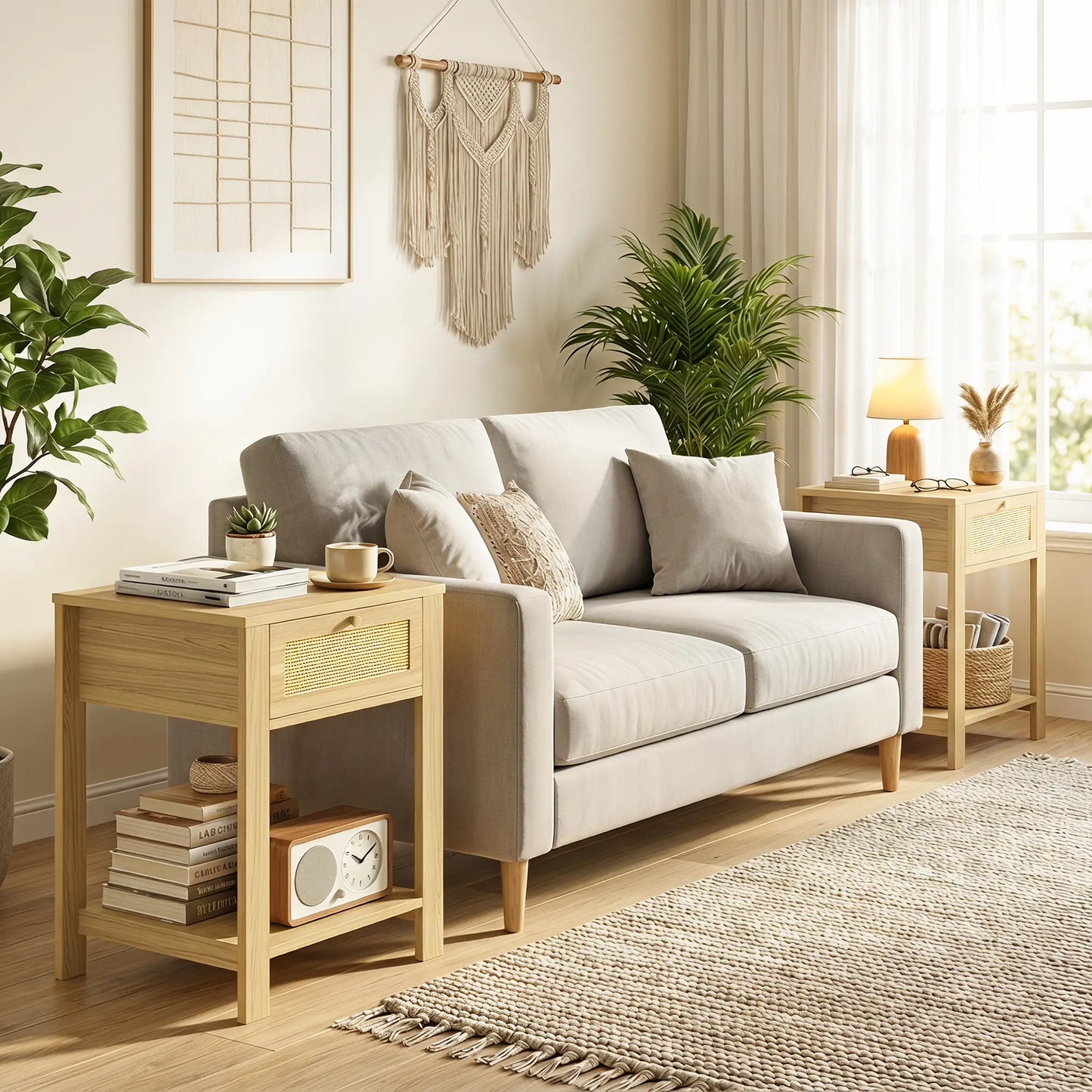 Nightstand Set of 2 With Drawer & Shelf, Natural Wood, Natural Wood Side Tables at Gallery Canada