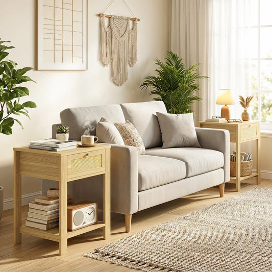 Nightstand Set of 2 With Drawer & Shelf, Natural Wood, Natural Wood Side Tables Natural at Gallery Canada