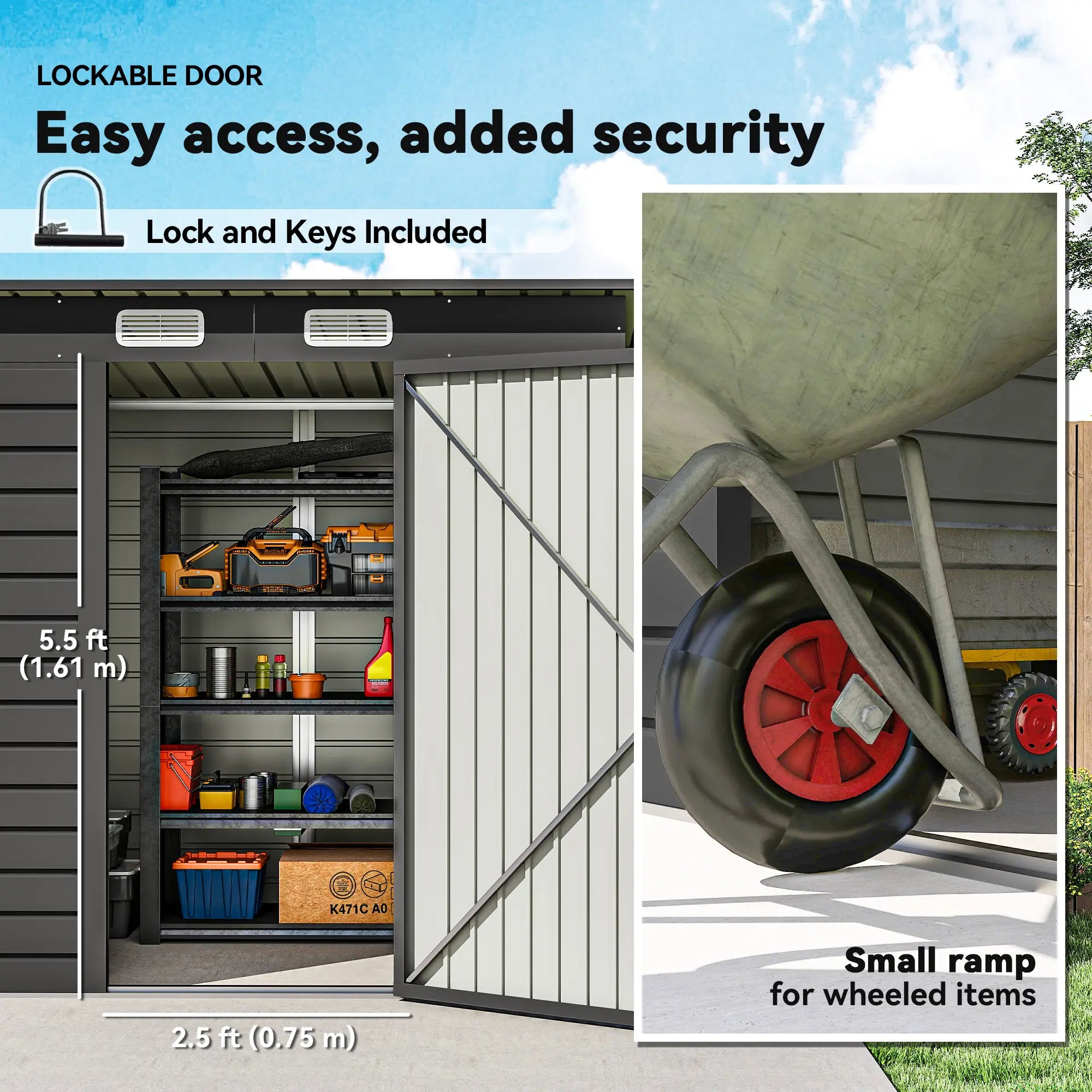 6 x 4FT Galvanized Metal Garden Shed, Double Doors, 2 Vents, Grey Sheds at Gallery Canada