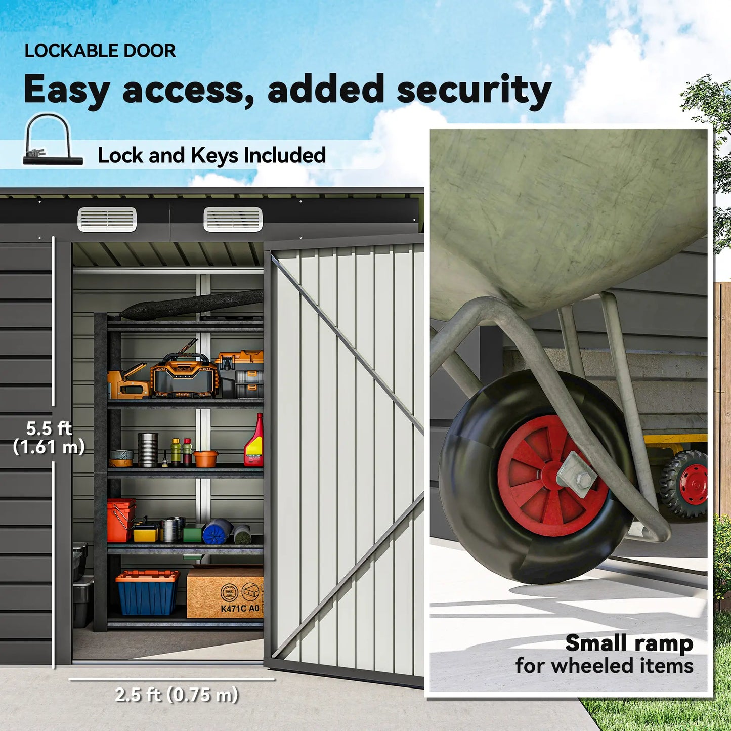 6 x 4FT Galvanized Metal Garden Shed, Double Doors, 2 Vents, Grey Sheds at Gallery Canada