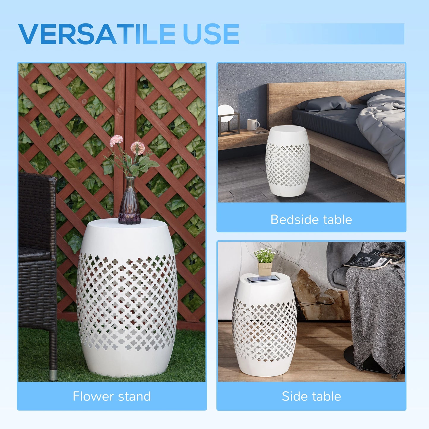 12.5" Steel Round Patio End Table, Hollow Drum Side Table, White Patio Side Tables at Gallery Canada