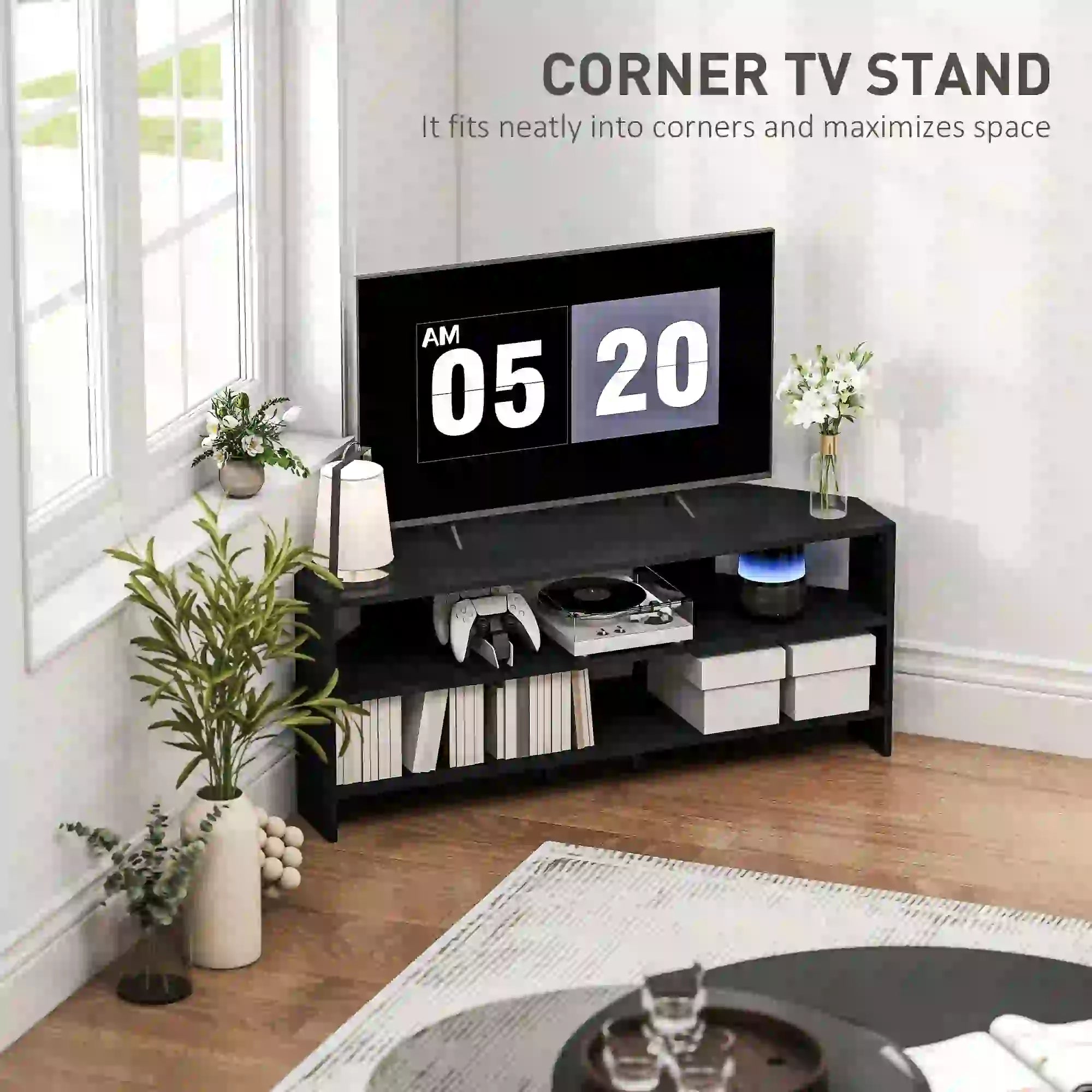 Corner TV Stand, 47 Inch, Modern Table With 2 Shelves, Black TV Stands at Gallery Canada