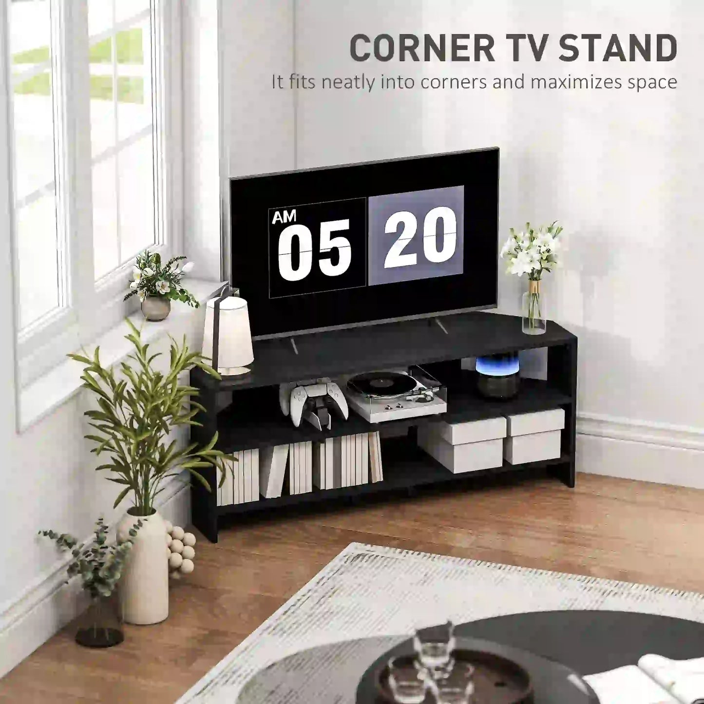 Corner TV Stand, 47 Inch, Modern Table With 2 Shelves, Black TV Stands at Gallery Canada