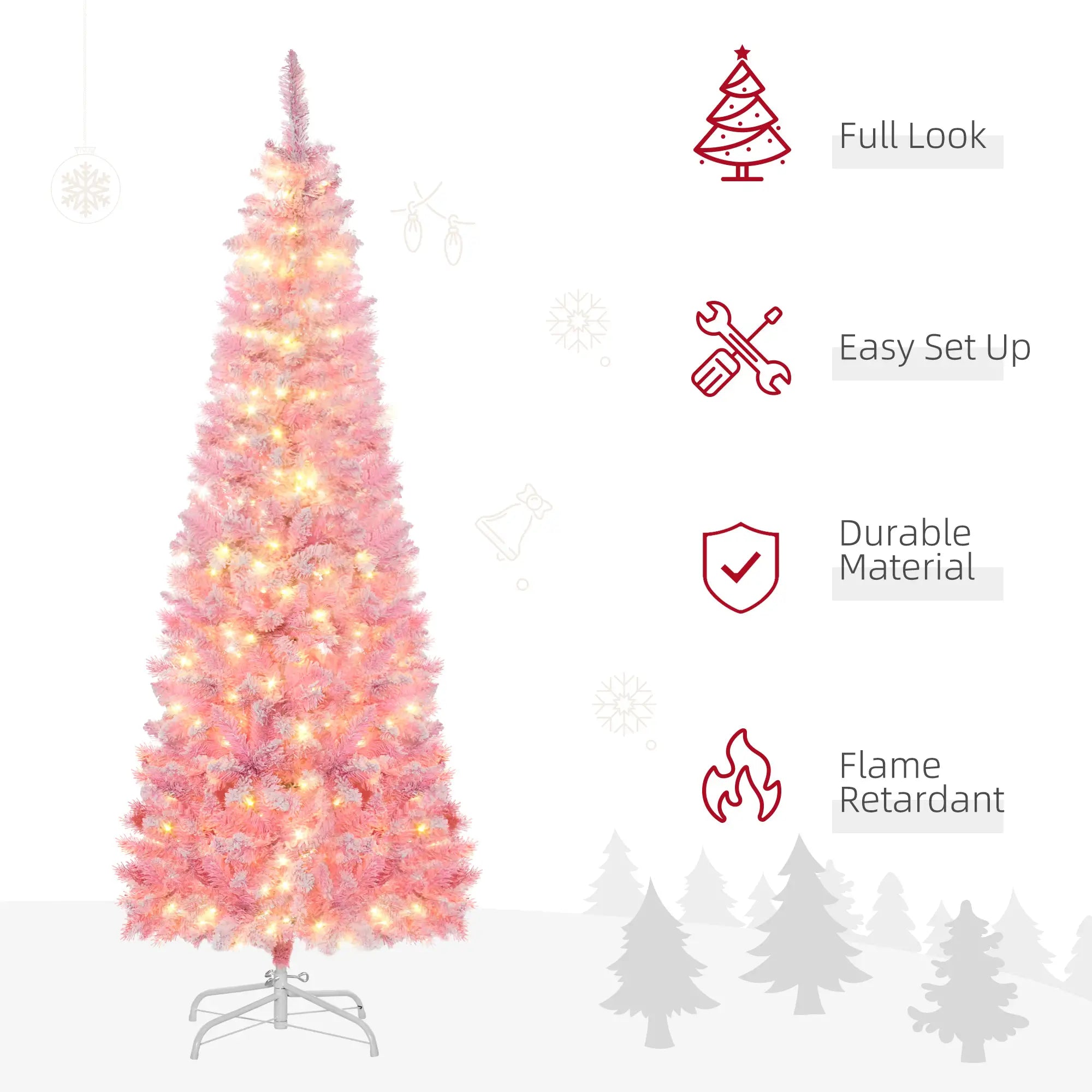6ft Prelit Snow Flocked Artificial Christmas Tree, Pencil Shape, 500 Pine Branches, Warm White LED, Auto Open, Pink White Pre Lit Christmas Trees at Gallery Canada