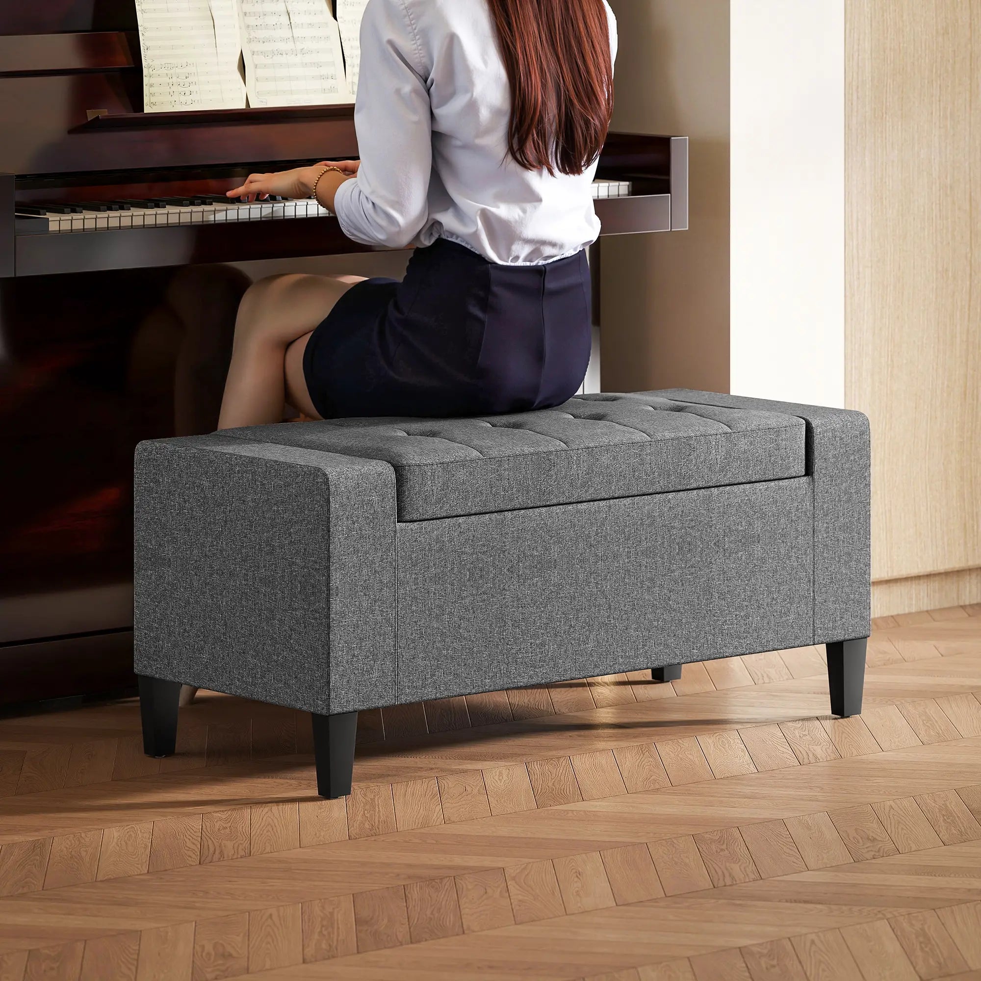 Storage Ottoman Bench, Tufted Linen Fabric, Flipping Top, Grey Storage Ottomans & Benches at Gallery Canada