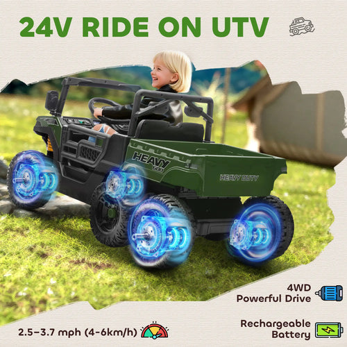 24V 4WD Kids Ride On Truck, 6 Wheels, 2 Seater, Remote, Dump Bed, Green