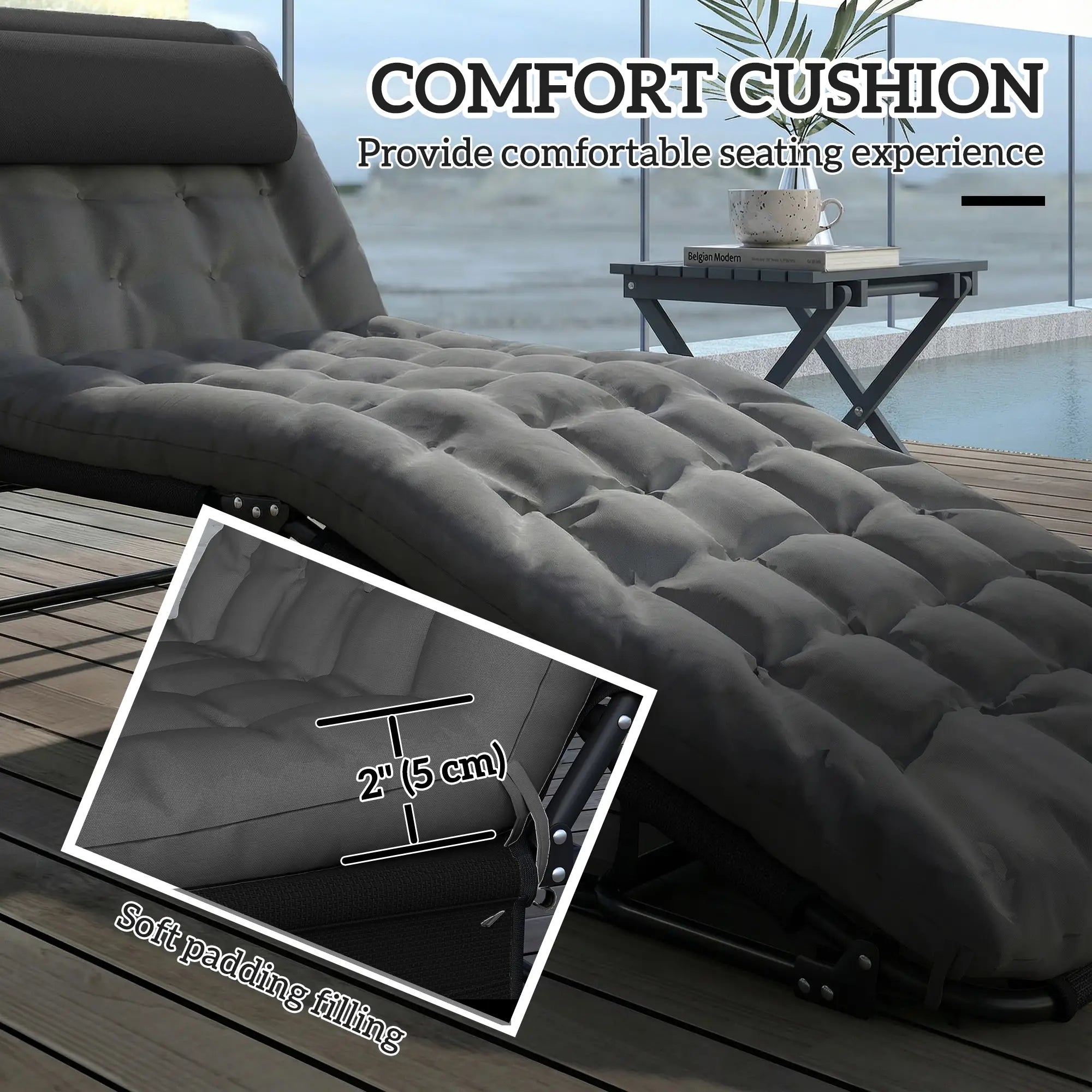 Folding Lounge Chair, 4-Level Reclining Back, Dark Grey Lounger Chairs at Gallery Canada