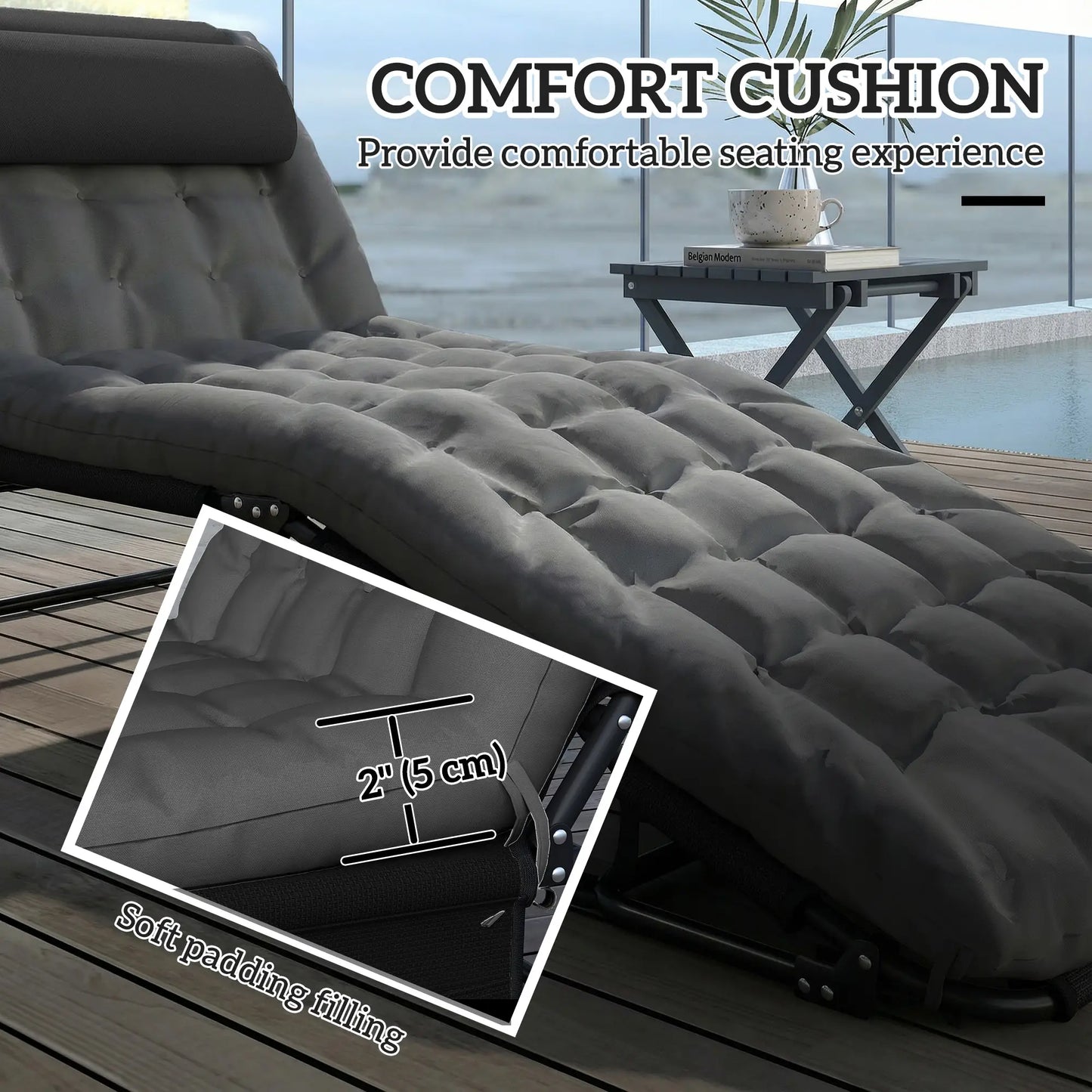 Folding Lounge Chair, 4-Level Reclining Back, Dark Grey Lounger Chairs at Gallery Canada