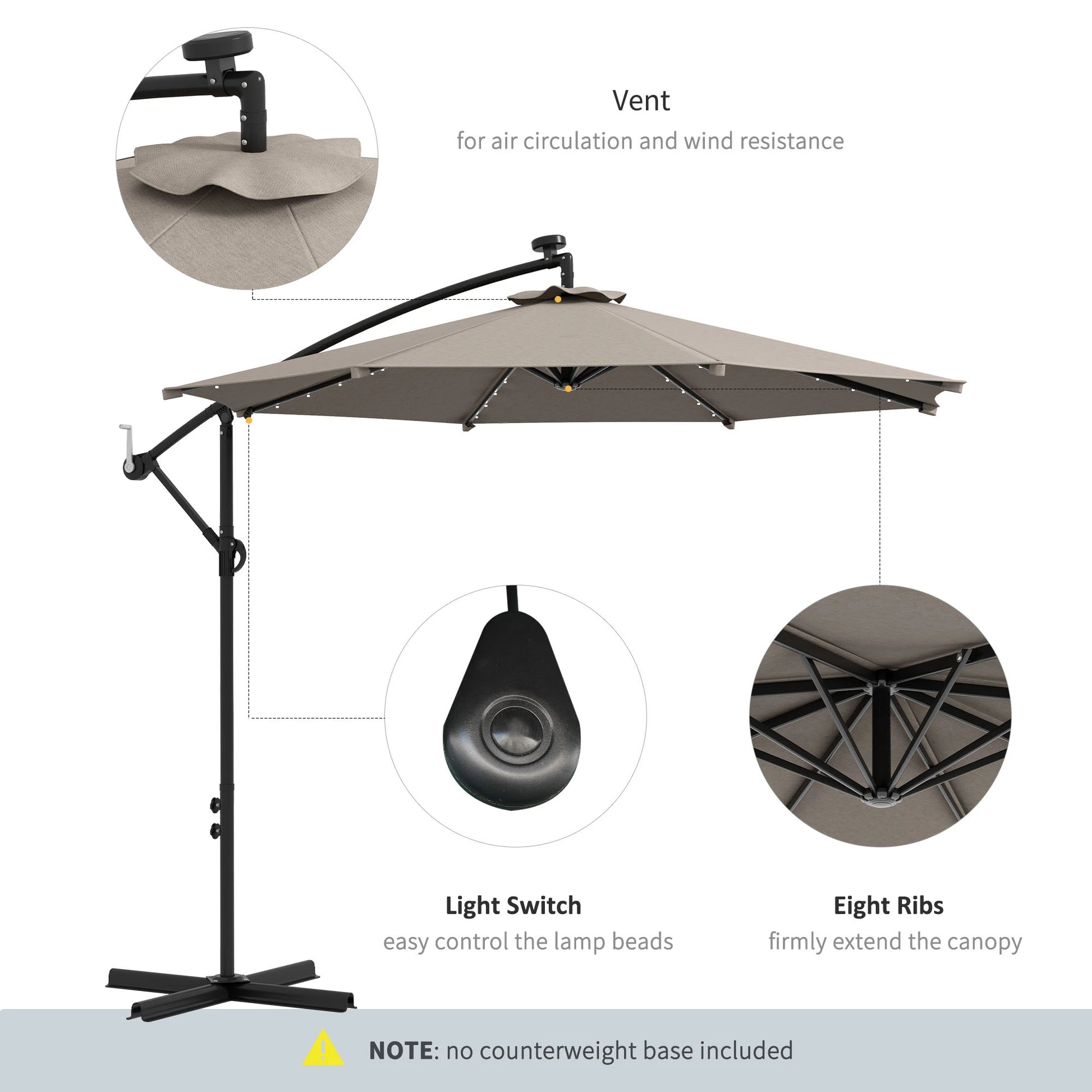 10ft Outdoor Cantilever Umbrella, Solar Lights, Adjustable Angle, Khaki Cantilever Umbrellas at Gallery Canada