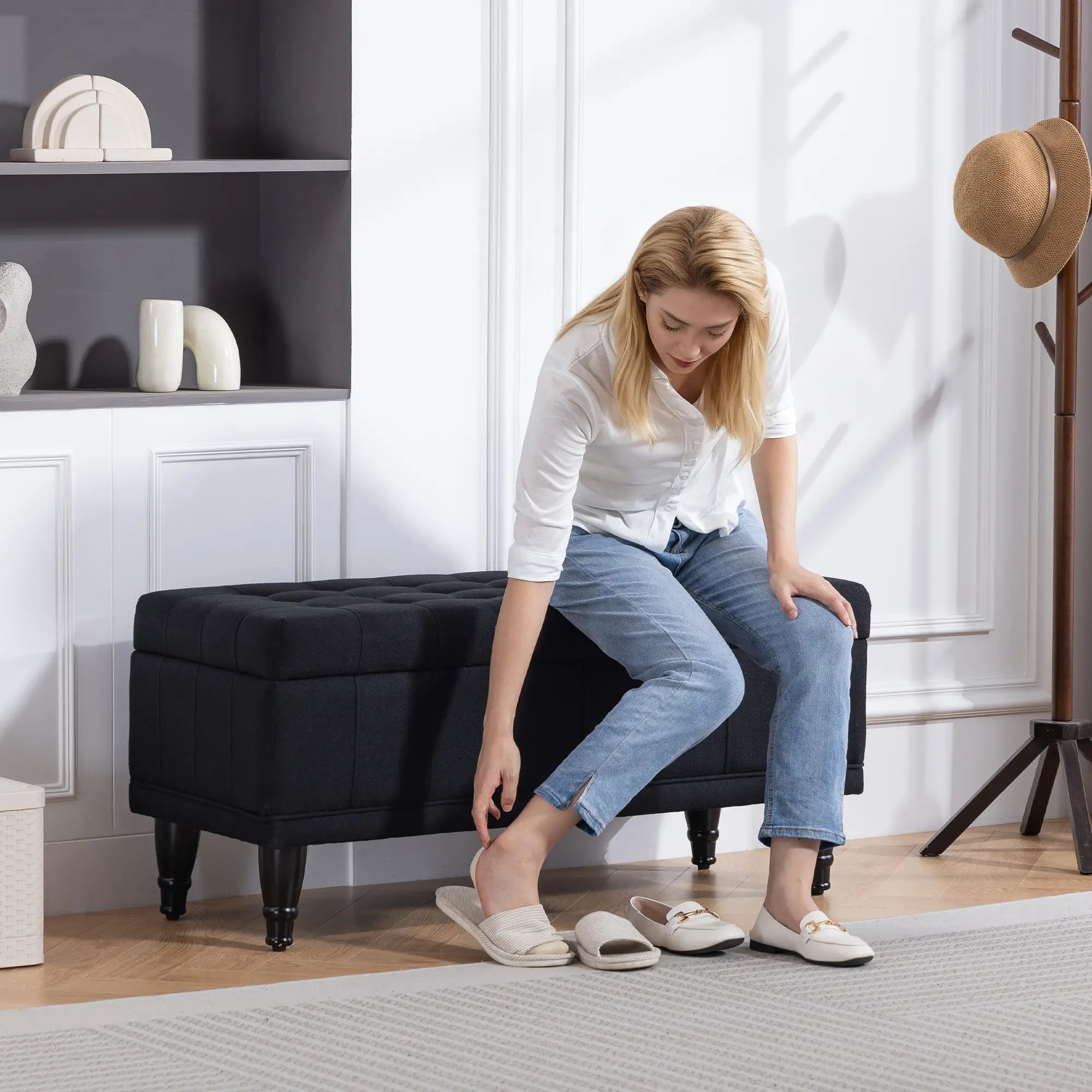 Storage Ottoman, Linen Fabric, Button Tufted, Black Storage Ottomans & Benches at Gallery Canada