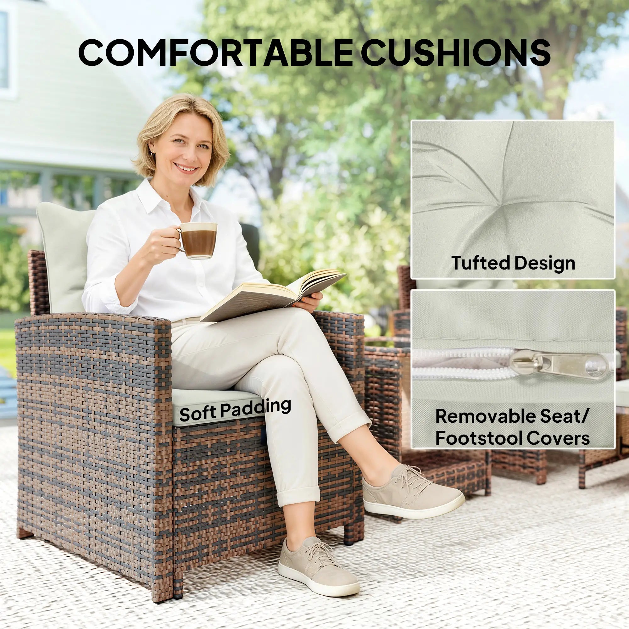 5 Piece Patio Set, Wicker Chairs With Ottomans, Glass Coffee Table, Brown Cream Patio Furniture Sets at Gallery Canada