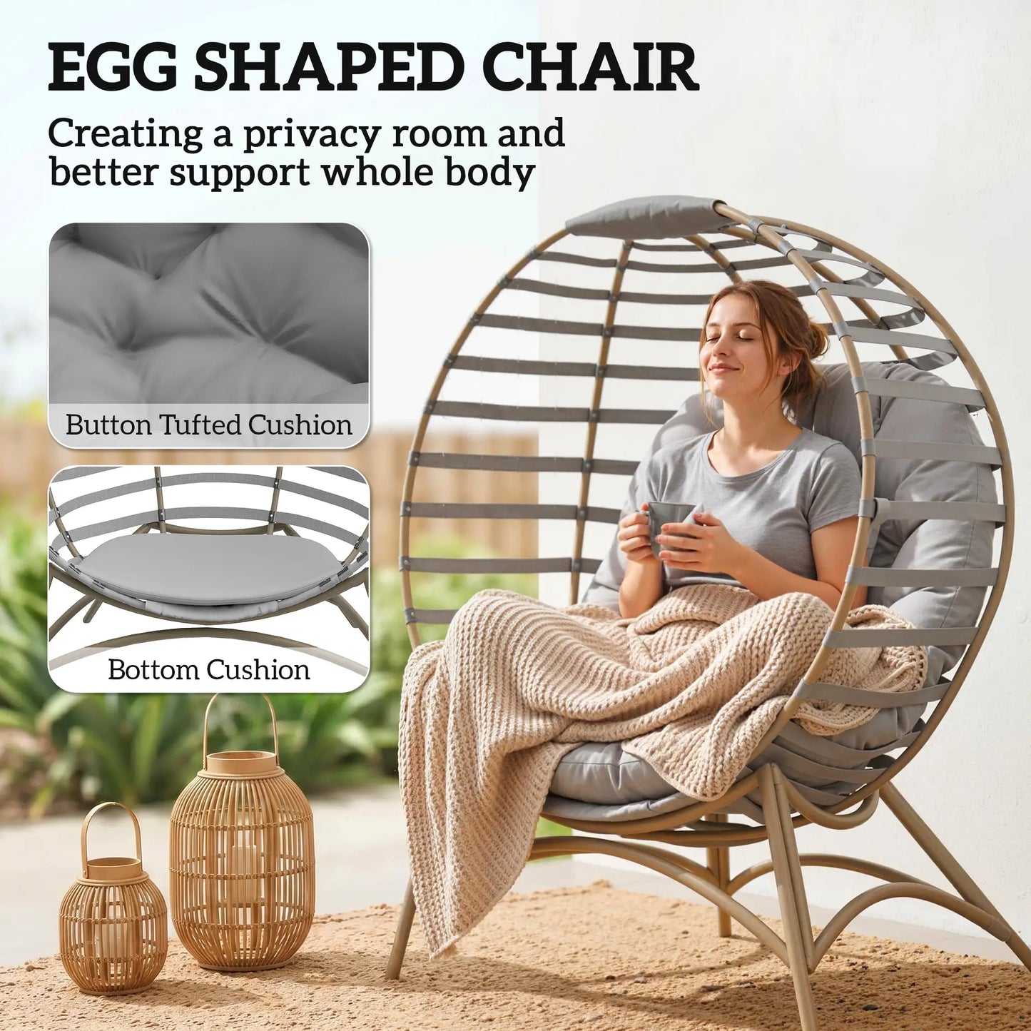 Egg Patio Lounge Chair, Foldable, with Cushion & Pocket, Light Grey, Light Grey Patio Chairs at Gallery Canada