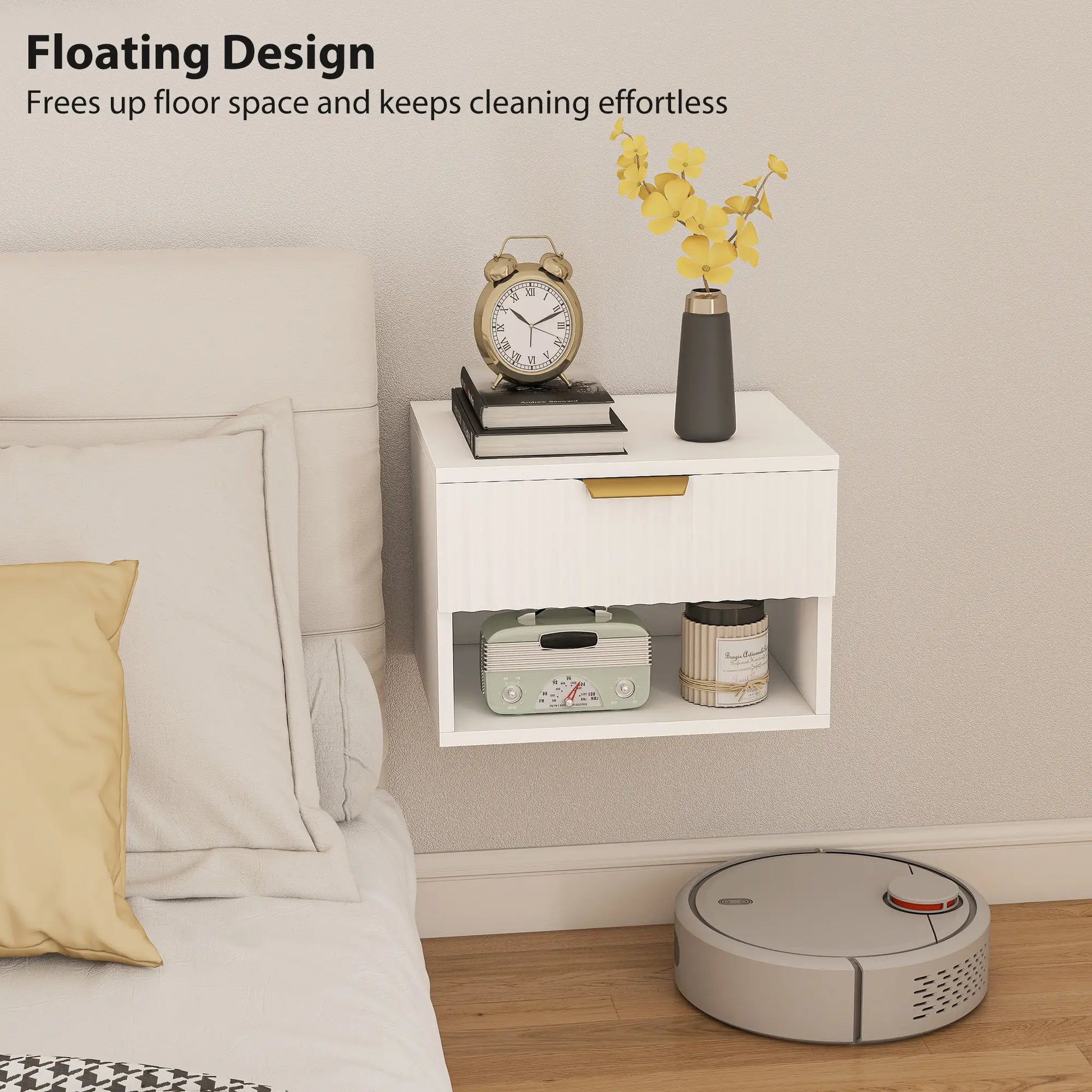 Floating Nightstands, Set of 2 with Drawer and Shelf, White Bedside Tables at Gallery Canada