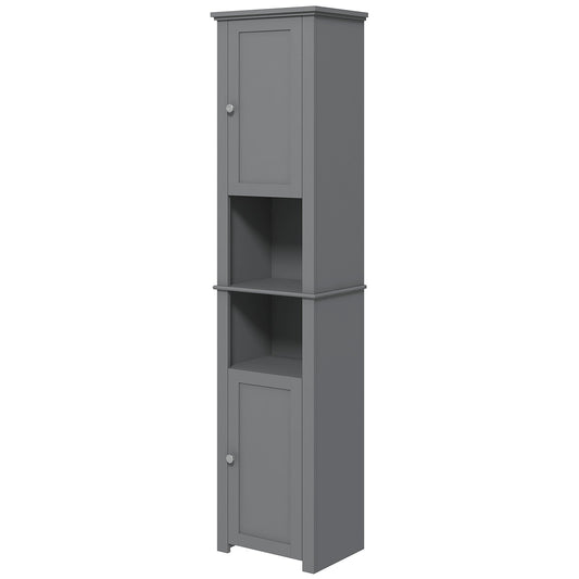 Tall Bathroom Cabinet, Freestanding Linen Cabinet with Open Shelves and 2 Cupboards, Narrow Storage Cabinet, Grey - Gallery Canada