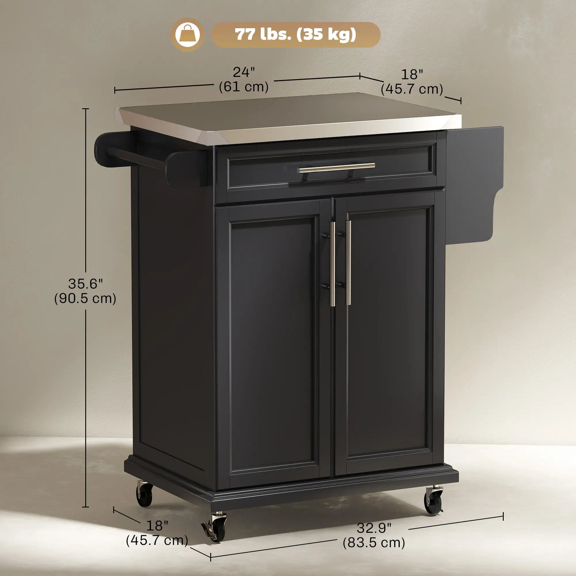 Kitchen Island with Stainless Steel Top, Rolling Cart, Storage Drawer, Black Kitchen Islands & Kitchen Carts at Gallery Canada
