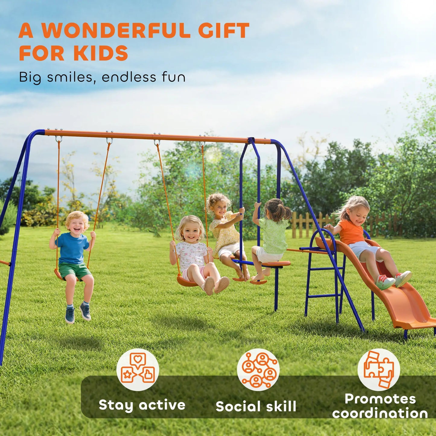 4 in 1 Metal Swing Set, Double Swings, Glider, Slide, Ladder, Multicolored Gym Sets & Swings at Gallery Canada