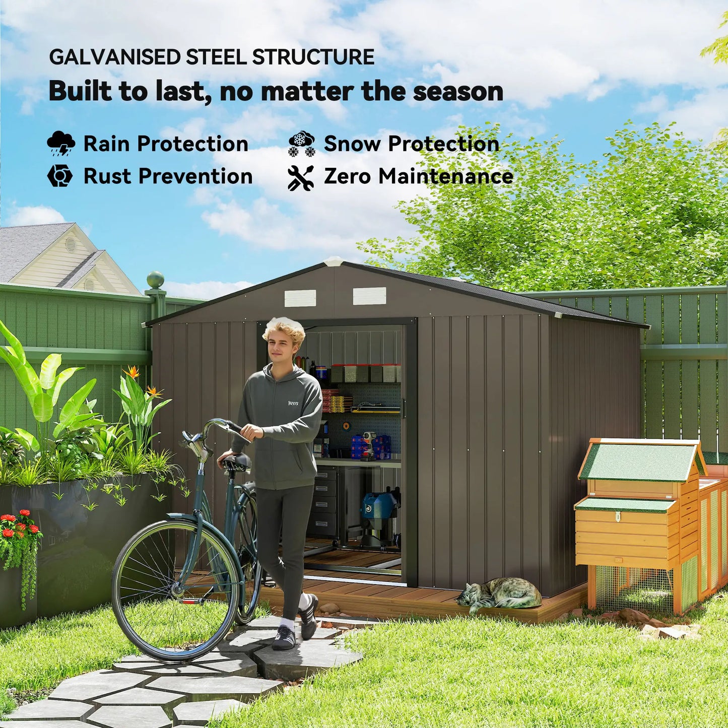 9.1'x6.4'x6.3' Garden Storage Shed, Foundation Kit, Metal Tool House, Double Doors, Brown Sheds at Gallery Canada