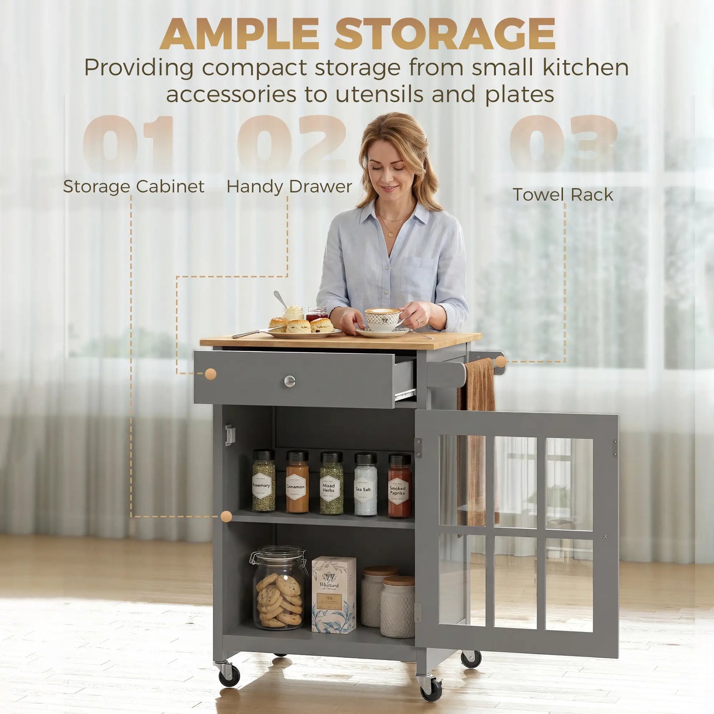 Rolling Kitchen Cart with Drawer and Glass Door Cabinet, Kitchen Island on Wheels with Towel Rack, Dark Grey Kitchen Islands & Kitchen Carts at Gallery Canada