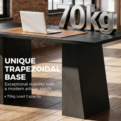 Bureau d'ordinateur de 63 pouces, cadre trapézoïdal, grain de bois noir clair, noir clair