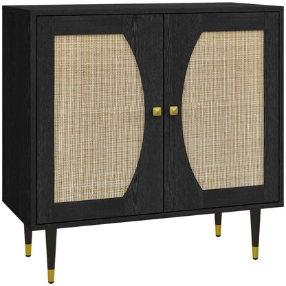 Boho Buffet Cabinet, Adjustable Shelf, Rattan Doors, 42 Inches, Black Kitchen Pantry Cabinets Black, Natural at Gallery Canada