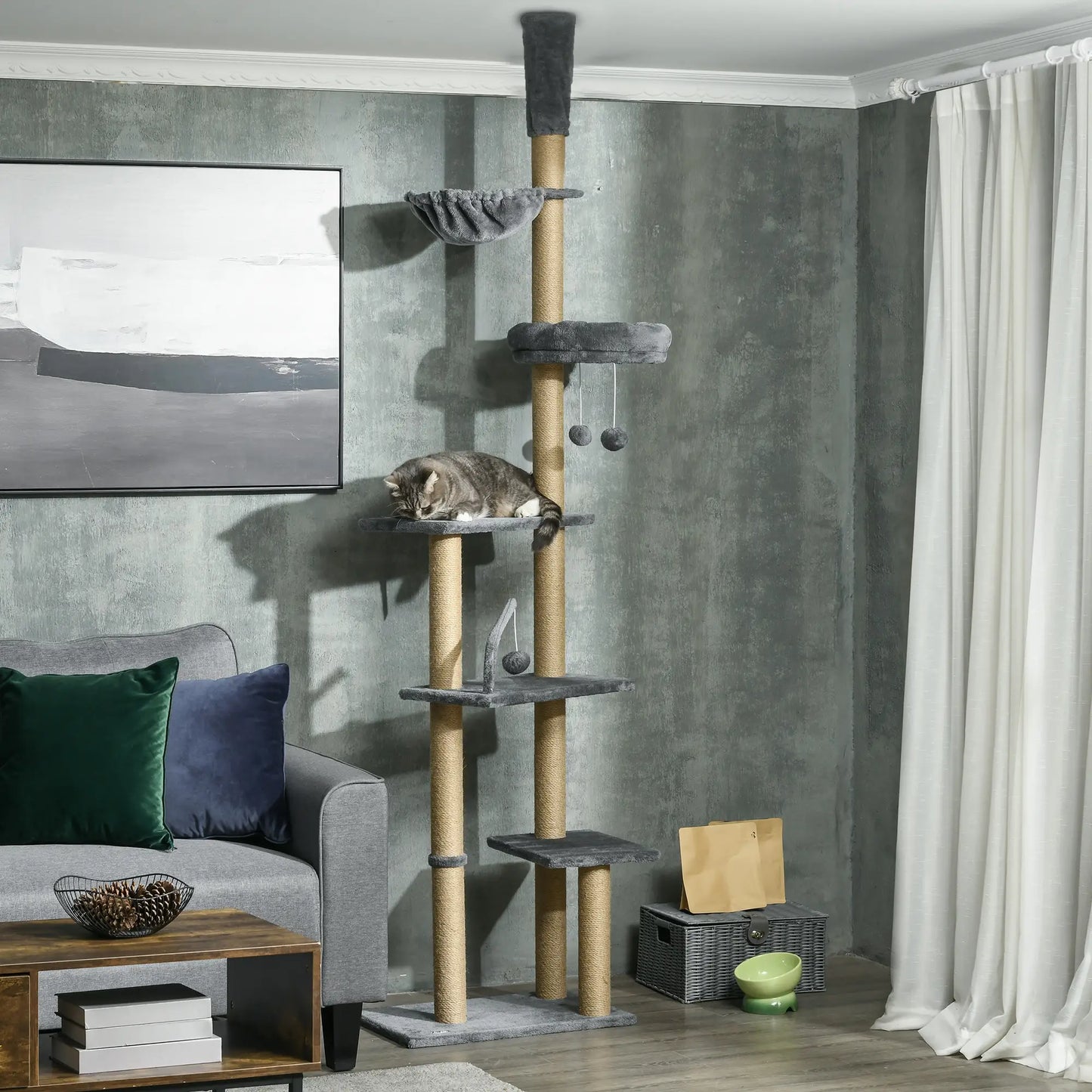 90.5" - 98.5" Cat Tree Tower, Scratching Post, Platforms, Bed, Hammock, Grey Floor to Ceiling Cat Trees at Gallery Canada