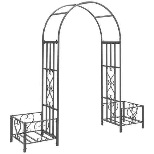7FT Metal Garden Arch with 2 Planter Boxes, Outdoor Walkway Arbor, Dark Grey